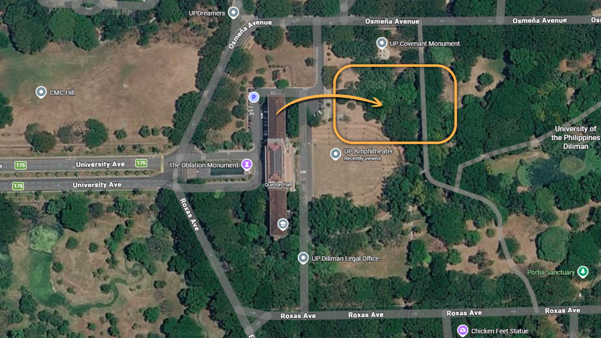 Map showing the UP Diliman Amphitheater location behind Quezon Hall