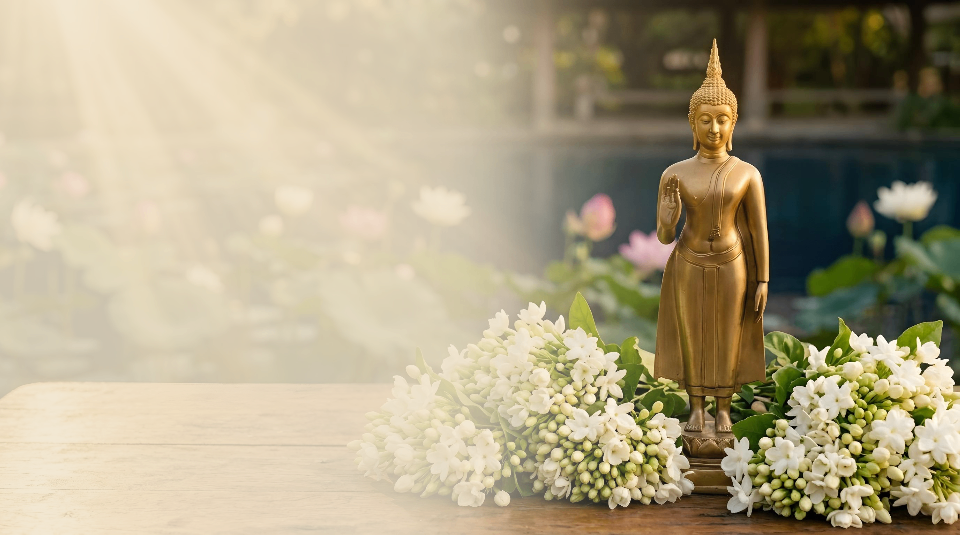 Golden standing Buddha statue with jasmine flowers
